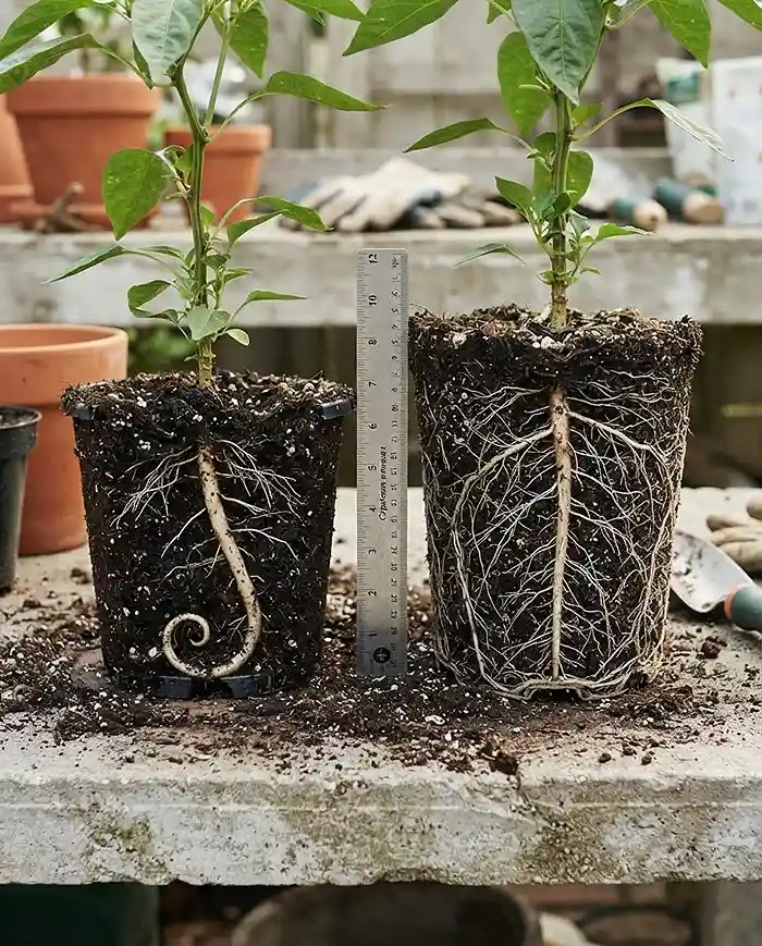 A curled pepper taproot in a shallow pot beside a straight taproot with dense feeder roots in a deep pot, showing minimum depth matters.