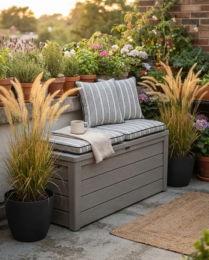 A cushioned balcony storage bench flanked by tall feather reed grasses in pots, styled as outdoor seating in a small garden
