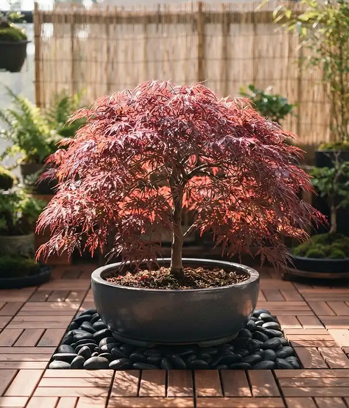 Japanese Balcony Garden Ideas 3 A dwarf crimson Japanese maple in a shallow pot on deck tiles by river stones, the focal point of a Japanese balcony garden.