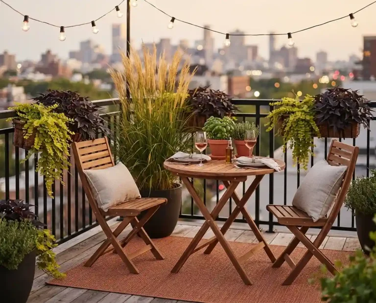 A folding bistro table and chairs among tall grasses, herb pots, trailing vines, and warm string lights, cozy small balcony dining nook