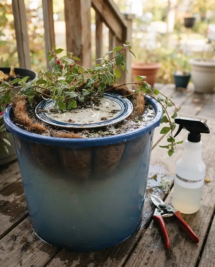 A fuchsia basket submerged in soapy water with pests floating up, bug‑proofing before bringing hanging plants indoors for winter.