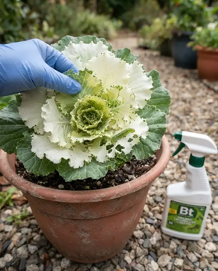 Ornamental Cabbage and Pansy Pots 5 A green cabbage worm and ragged holes with aphids in an ornamental cabbage center beside a Bt spray, treating fall container pests.