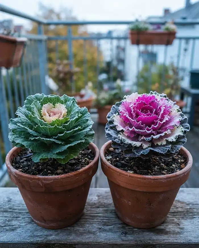 Ornamental Cabbage and Pansy Pots 2 A green nursery cabbage beside a frost‑deepened pink‑and‑white one, showing how cold triggers anthocyanin color in ornamental cabbage.