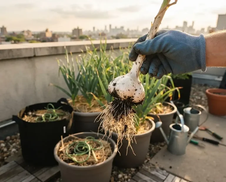 A hand holding a large freshly harvested garlic bulb beside grow bags of garlic on a sunny rooftop, growing garlic in containers
