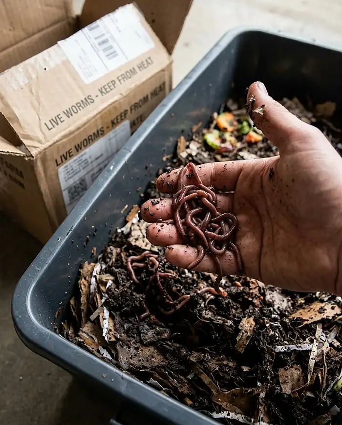 A handful of thin red wiggler worms over damp bedding beside a worm‑farm shipping box, the right worms for an indoor bin.