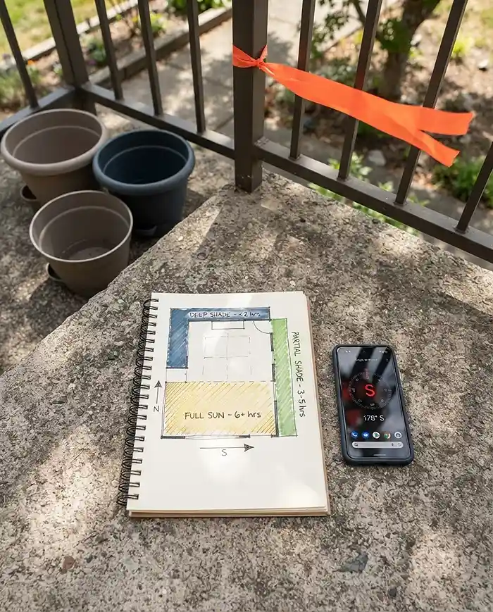 A hand‑sketched sun‑and‑wind map with a streaming ribbon and compass app on a patio, assessing a balcony microclimate before planting.