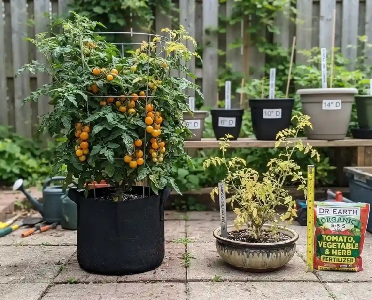 A lush tomato in a tall grow bag beside a stunted one in a shallow bowl, showing how container depth for vegetables affects yield