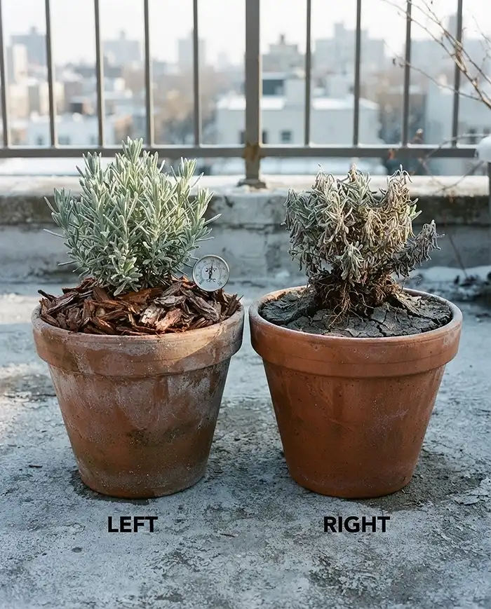 Mulching Potted Plants for Winter 2 A mulched lavender pot beside a bare pot with its crown heaved above the soil, showing frost heave prevented by winter mulch
