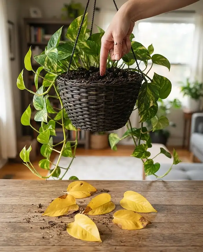A newly moved pothos dropping a few interior leaves with new tip growth, normal acclimation checked with a finger moisture test