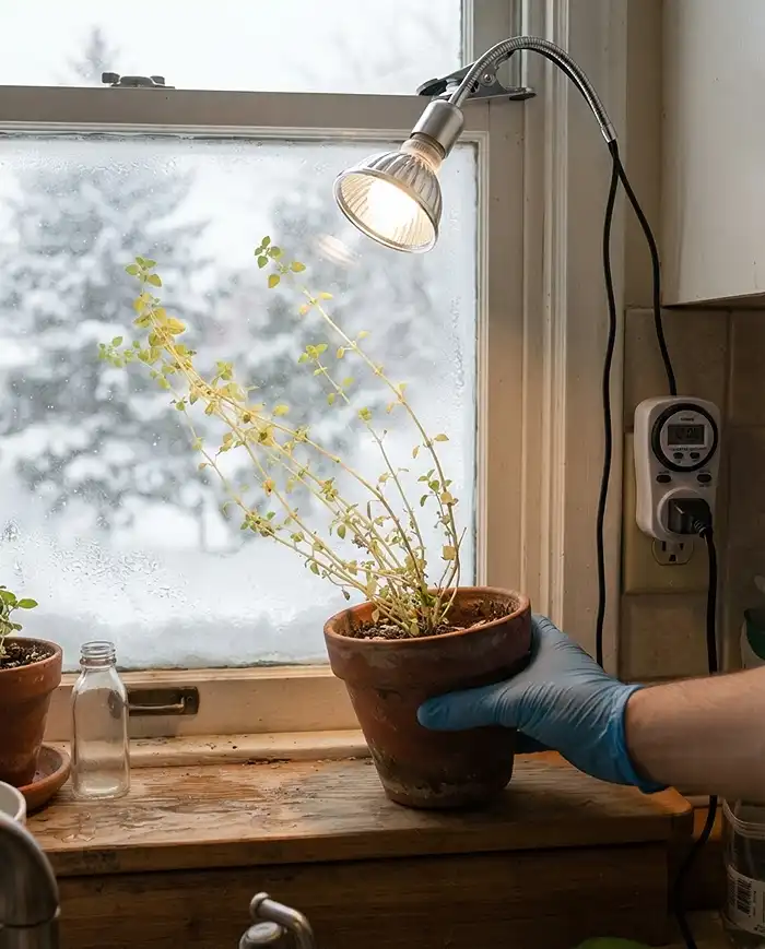Best Indoor Herbs for Winter 5 A pale leggy oregano stretching toward the window being rotated under an LED bulb, fixing etiolation from weak winter light