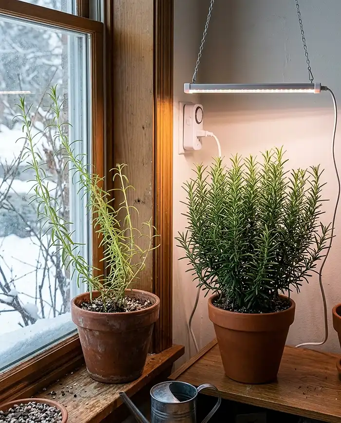 Why Indoor Herbs Die 3 A pale leggy window rosemary beside a compact LED‑grown rosemary, showing how weak light makes indoor herbs die slowly.