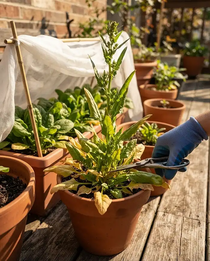 A potted spinach plant bolting with a central seed stalk being cut beside a shaded box, fixing premature bolting from heat.
