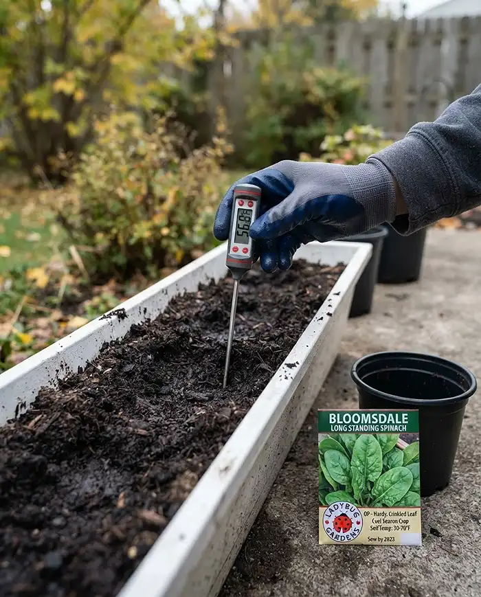 A probe thermometer reading cool soil in a light window box beside a seed packet, timing a spinach sowing by soil temperature.