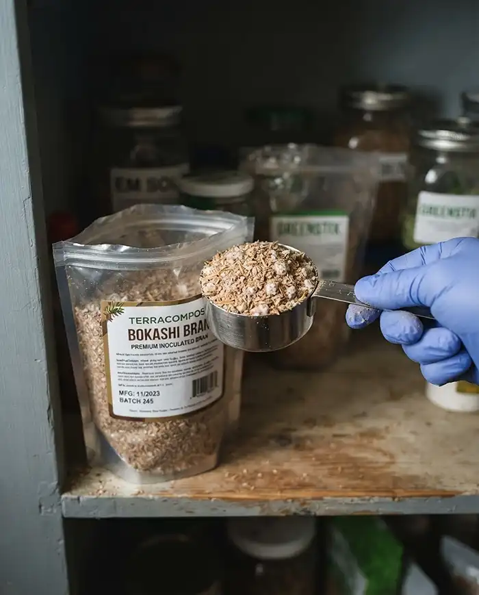 Bokashi Composting for Beginners 2 A scoop of fresh dry tan inoculated bokashi bran beside its dated sealed bag, selecting high‑quality bran with live microbes.
