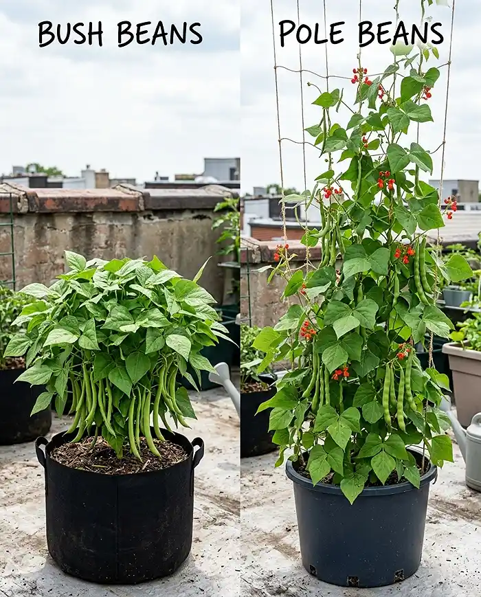Best Beans for Containers 2 A short self‑supporting bush bean mound beside a tall climbing pole bean on a trellis, comparing bush and pole beans for containers.