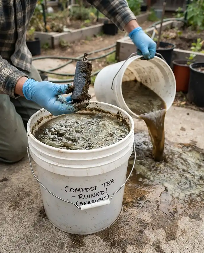 A slimy, scummy anaerobic compost tea batch being discarded with a clogged airstone, fixing foul swampy‑smelling tea.