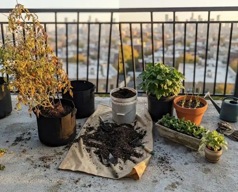 A spent tomato pulled from a pot beside pots of beans, garlic, spinach, and radishes, showing what to plant after tomatoes in containers.