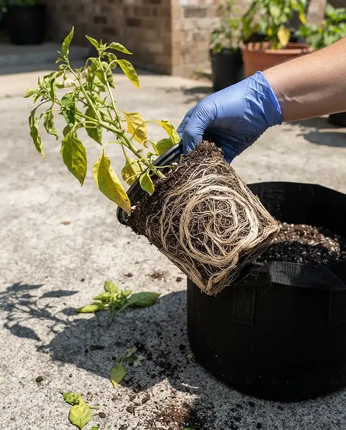 A stunted root‑bound poblano with circling roots being up‑potted from a small pot to a larger one, fixing stunting from too small a pot