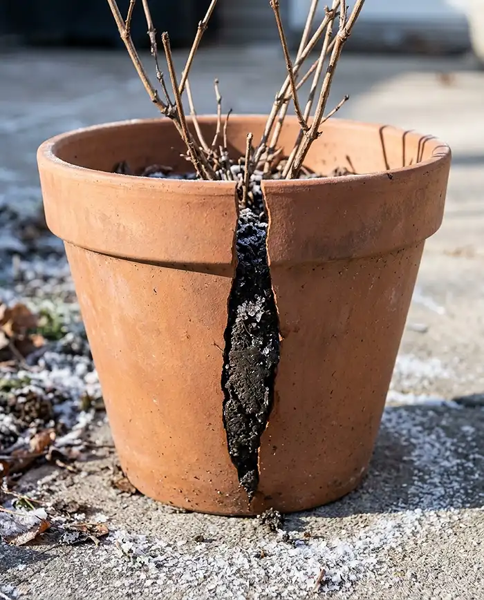 Cold Hardy Vines for Pots That Survive Winter 5 A terracotta pot split open by frozen expanding soil with a dead vine inside, why clay pots crack and kill container vines in winter.