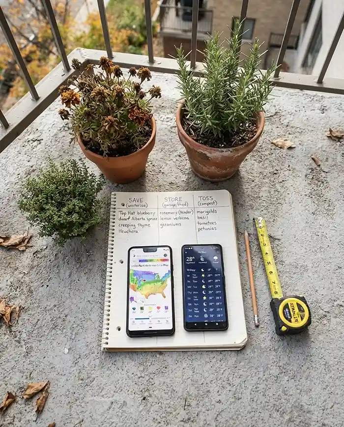 Winterize Balcony Garden 2 A triage notebook and frost forecast beside annuals, tropicals, and hardy perennials, auditing a balcony before winterizing