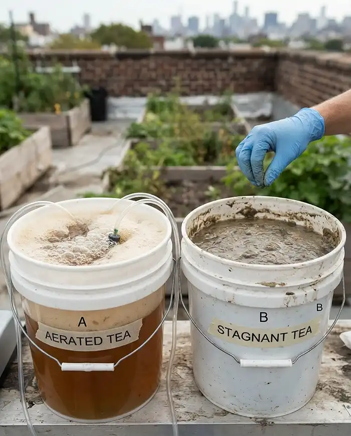 A vigorously bubbling aerated tea bucket beside a murky scummy non‑aerated one, comparing aerated and anaerobic compost tea.