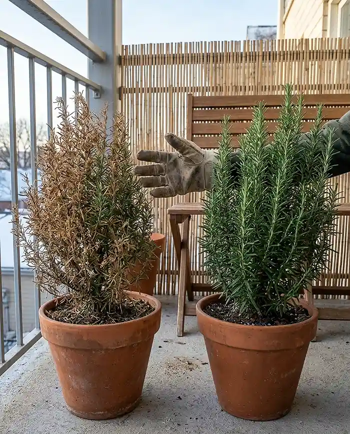 A windburned brown rosemary on an exposed corner beside a green sheltered one, showing winter desiccation from wind chill.