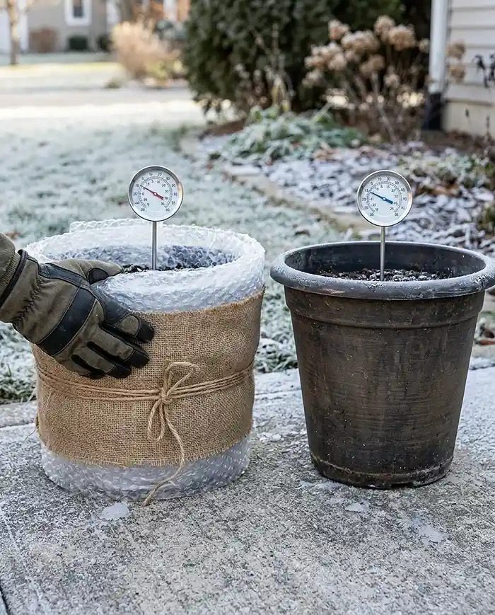 Cold Hardy Vines for Pots That Survive Winter 2 A wrapped pot reading 28°F beside a bare pot reading 21°F on a frosty patio, showing why potted roots freeze faster.