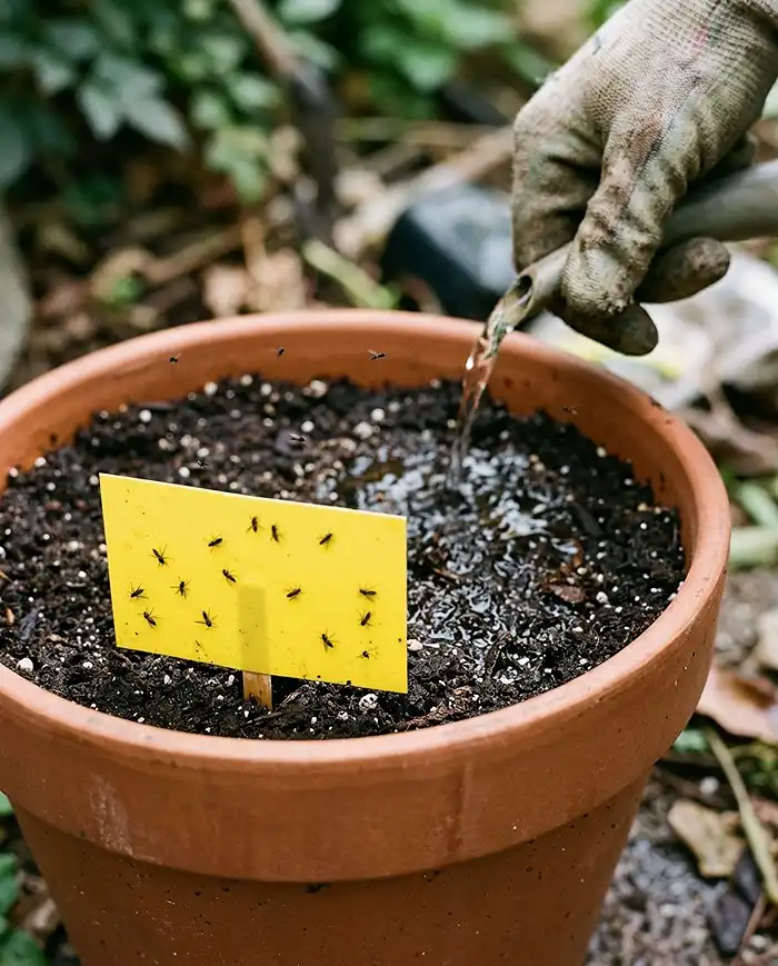 A yellow sticky trap and BTI drench treating fungus gnats hatching in freshly refreshed potting mix in a container.