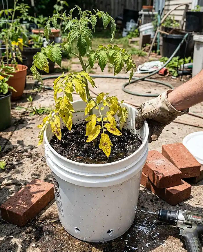 Balcony Garden on a Budget 5 A yellowing tomato in a soggy bucket getting extra drainage holes drilled and propped on bricks, fixing root rot from poor drainage.