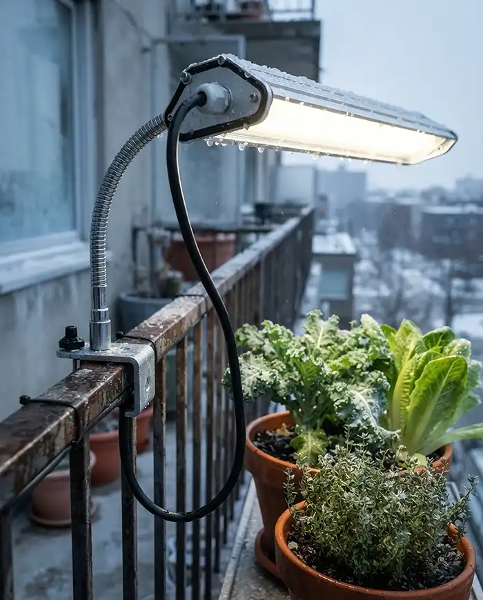 Winter Balcony Garden Lighting for Short Days 3 An IP65‑rated full‑spectrum LED grow bar with sealed gaskets and a drip loop over kale, safe winter balcony garden lighting