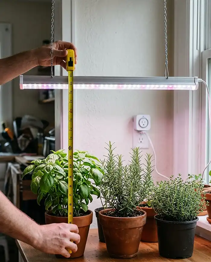 An LED grow bar on chains set 8 inches above potted herbs on a timer, positioning the lights in an indoor herb garden with grow lights.