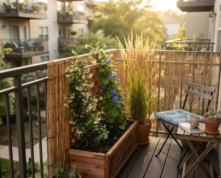 Balcony screened with bamboo and a vine‑covered lattice planter plus tall grasses, a renter no‑drill privacy fence