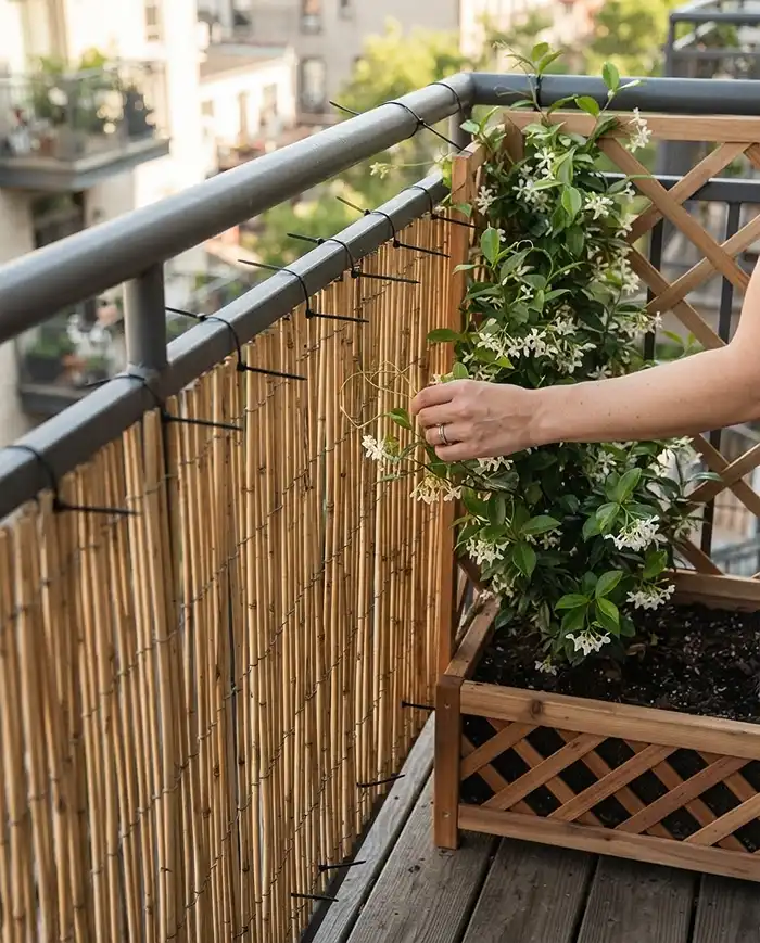 Balcony Privacy Fence Ideas for Renters 3 Bamboo screen zip‑tied inside a railing with jasmine woven through lattice, a no‑drill balcony privacy fence for renters