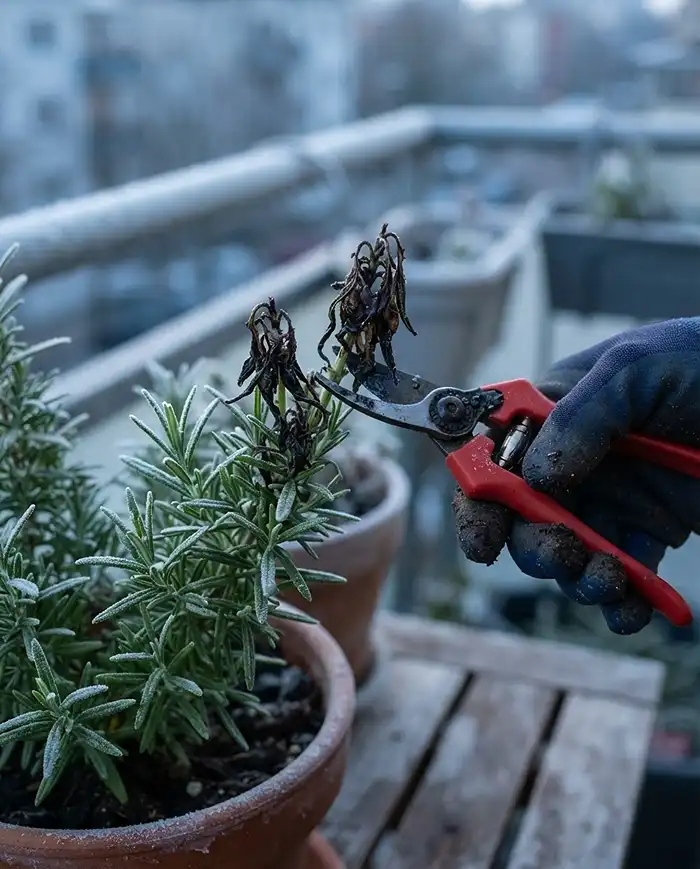 Blackened mushy frost‑bitten rosemary tips with a hand pausing before cutting, leaving damaged growth as a shield until spring