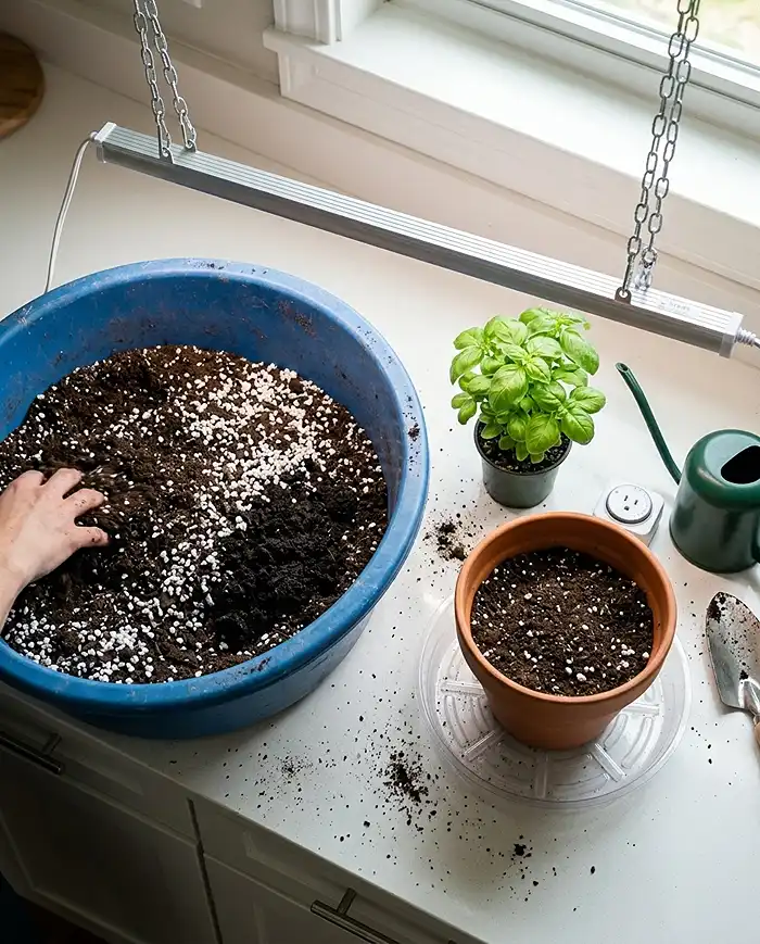 Blending a fast‑draining mix and potting herbs under an adjustable LED bar on a timer, following the indoor setup steps