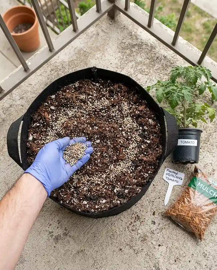 Blending slow‑release fertilizer into a coco‑coir‑perlite mix in a fabric bag before transplanting, following the balcony planting steps