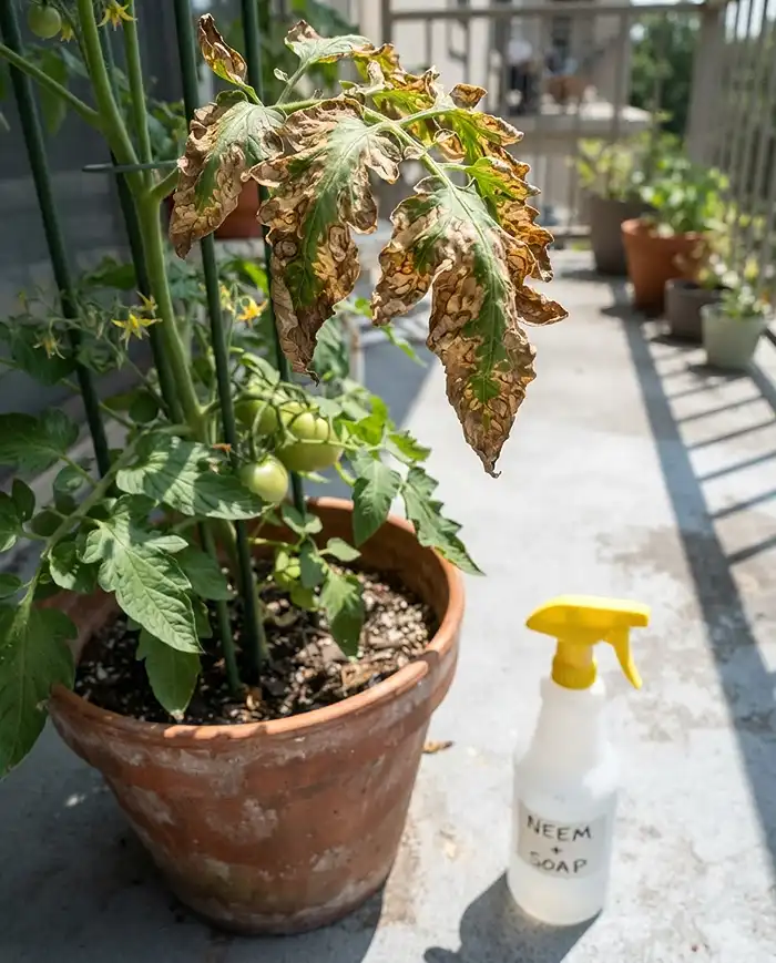 Bronze crispy scorched patches on tomato leaves from neem sprayed in midday sun, phototoxicity from oil‑based sprays.