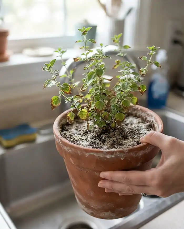 Brown crispy leaf edges and a white salt crust on a potted oregano from overfeeding, fertilizer burn fixed by flushing the soil