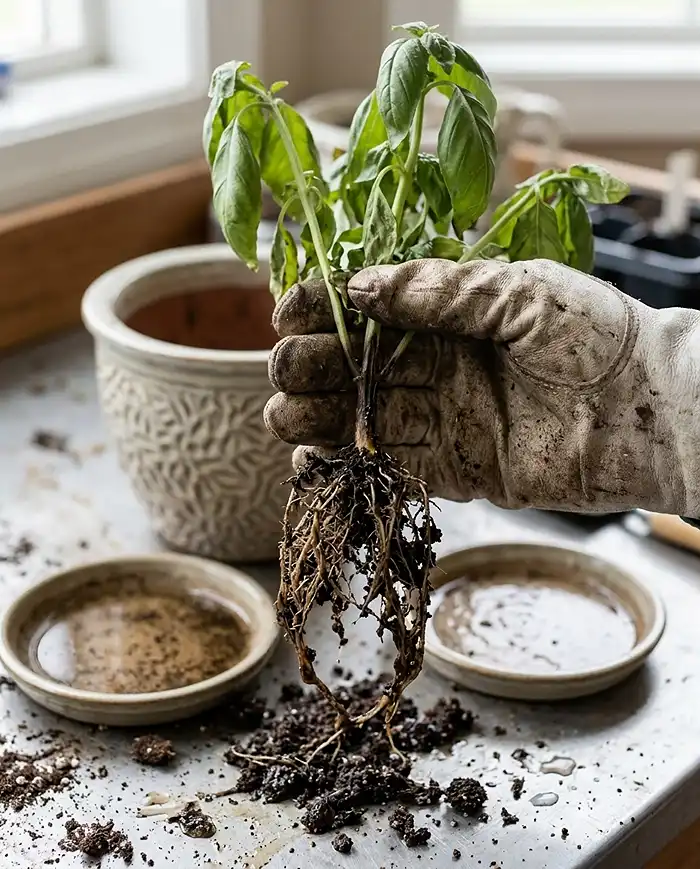 Why Indoor Herbs Die 2 Brown slimy rotted basil roots and a mushy stem base from overwatering in a drainage‑free pot, the top reason indoor herbs die.