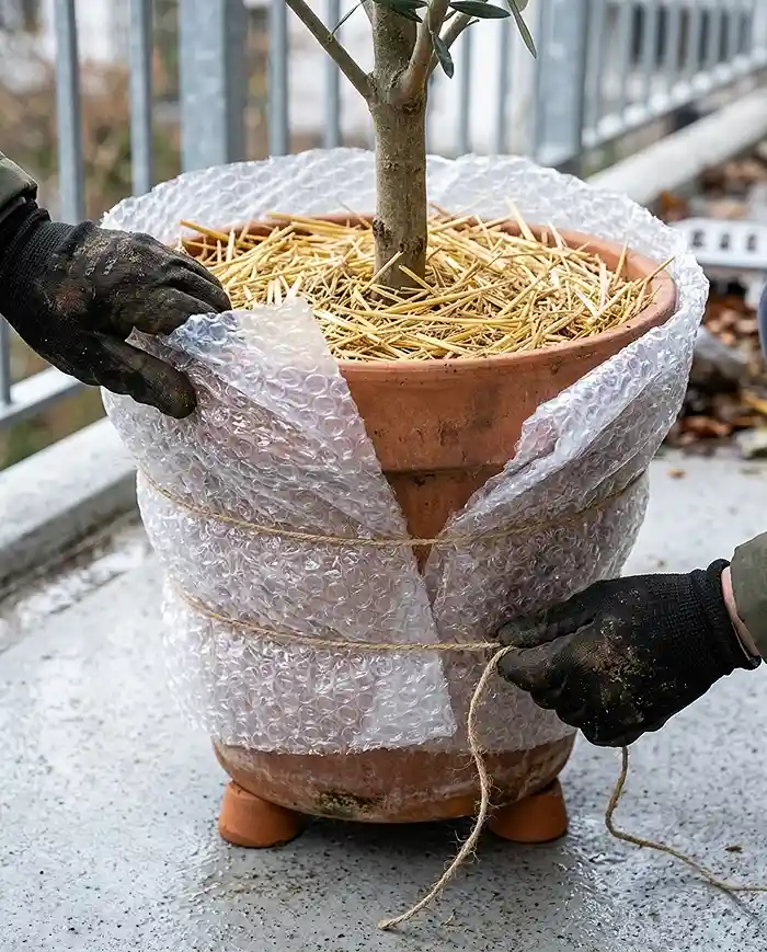Bubble‑wrapping a terracotta pot and lifting it on pot feet off cold concrete, insulating roots for overwintering Mediterranean plants in pots.