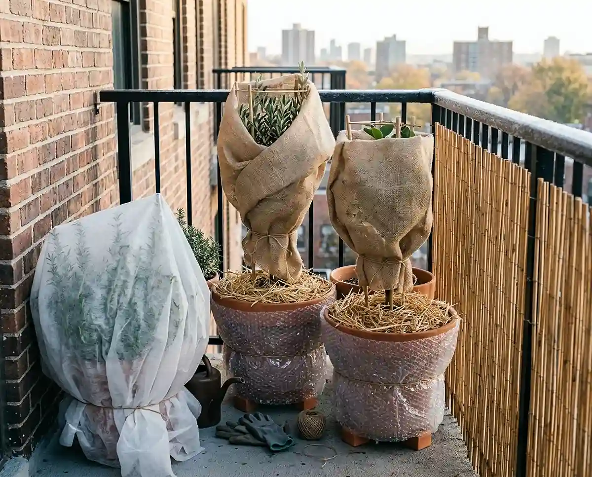 Burlap‑wrapped olive and lemon with bubble‑wrapped pots on feet against a brick wall, overwintering Mediterranean plants in pots.