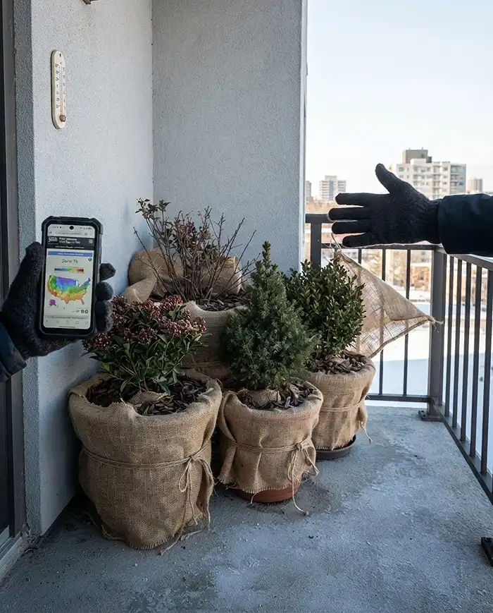 Burlap‑wrapped pots clustered against a wall away from the windy rail edge, assessing wind chill and freeze on a winter balcony.