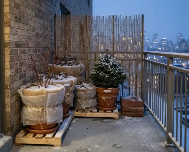 Burlap‑wrapped pots elevated on slats behind a weighted reed trellis on a snowy renter balcony, winterized without drilling