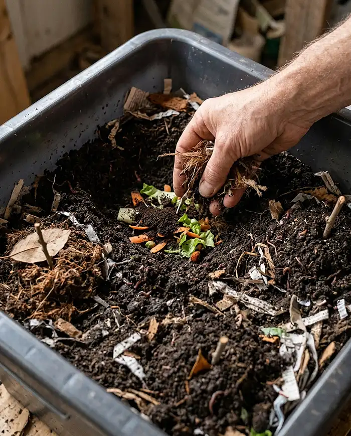Burying chopped scraps in one corner under 2 inches of bedding, the pocket feeding technique that prevents fruit flies in a worm bin.