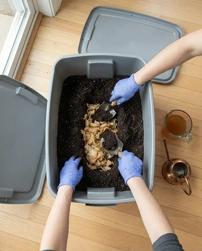 Bokashi Composting for Beginners 4 Burying fermented bokashi pre‑compost under soil in a lidded tote beside a jar of bokashi tea, finishing compost without a yard.