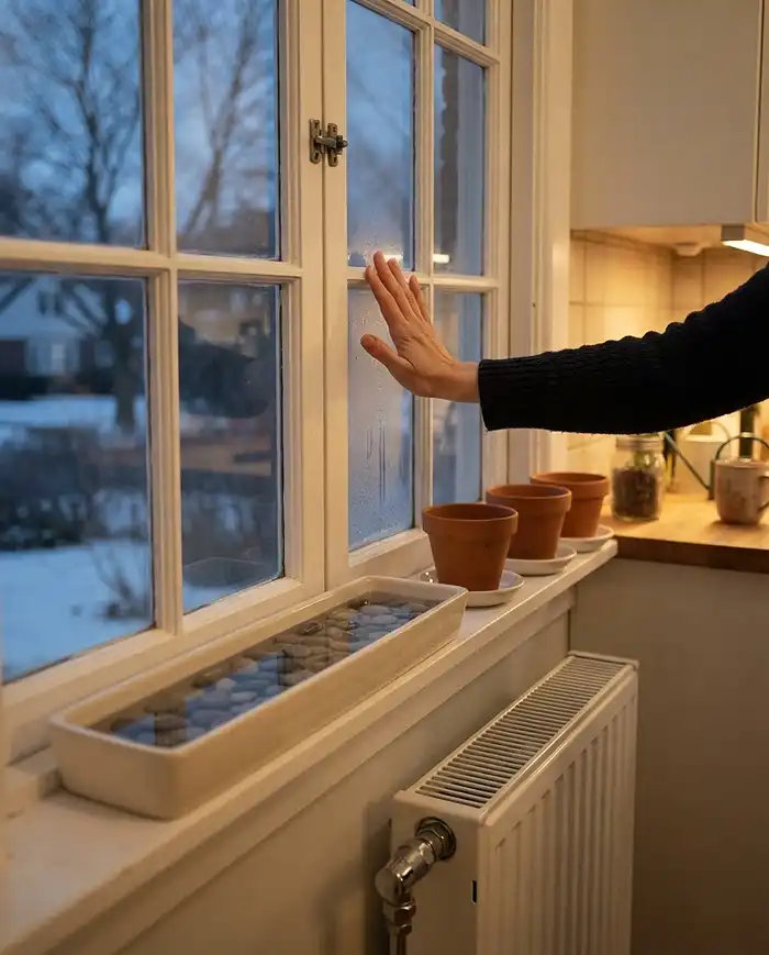 Best Indoor Herbs for Winter 2 Checking a cold window for drafts above a radiator with a pebble humidity tray on the sill, assessing a winter herb microclimate