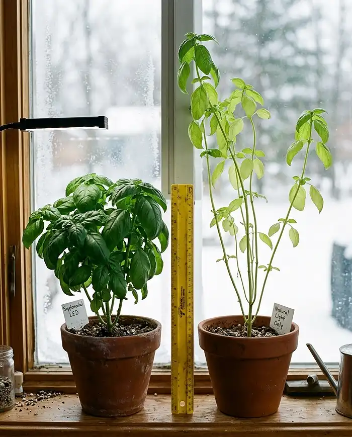 Compact green LED‑grown basil beside a tall pale stretched windowsill basil, showing why grow lights beat a winter window.