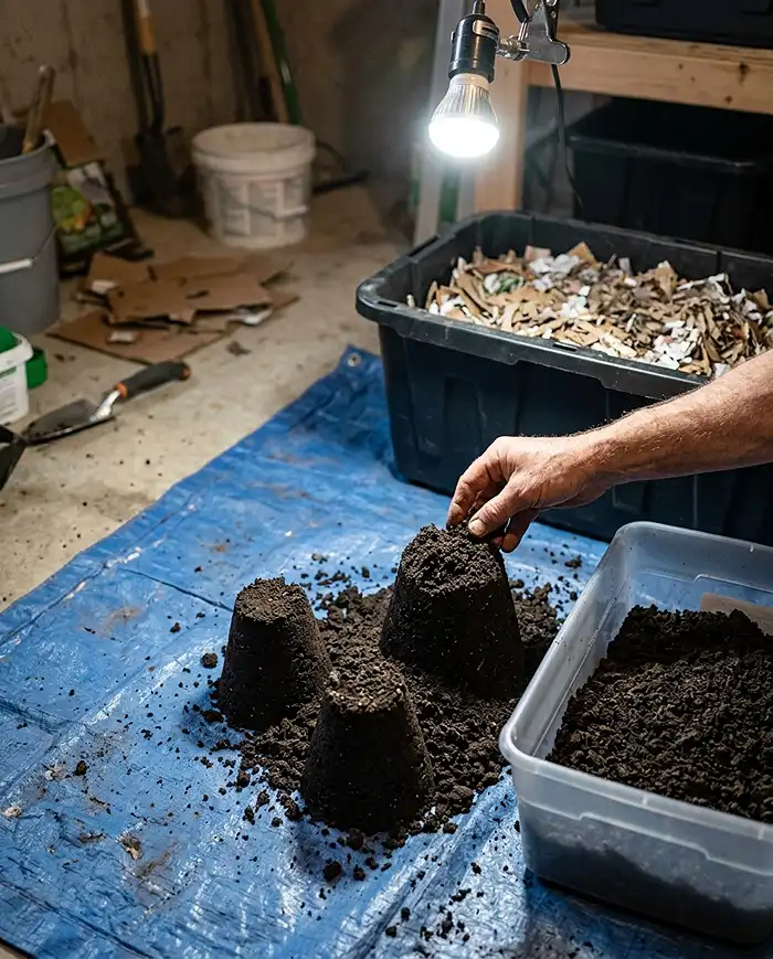 Coning worm castings under a lamp so worms burrow down, scraping finished compost off the top, the light‑migration harvest method.