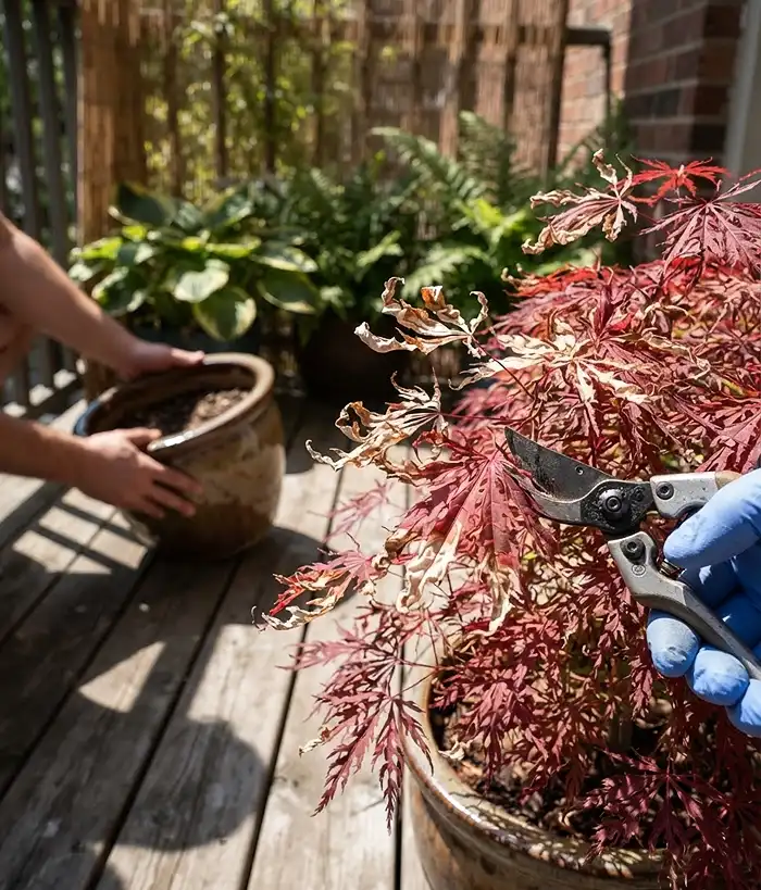 Japanese Balcony Garden Ideas 5 Crispy bleached scorched tips on Japanese maple leaves being trimmed and the pot moved behind a screen, fixing sun scorch