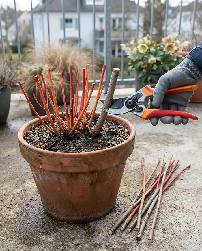 Cutting a red‑twig dogwood back to 8 inches in March, removing dull old wood to force the brightest new winter stems.